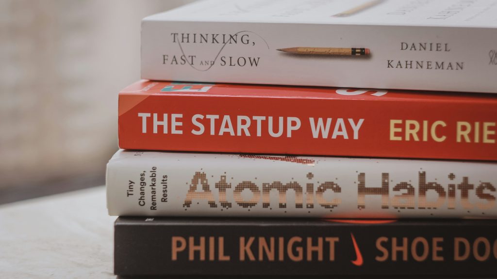 A stack of business books.