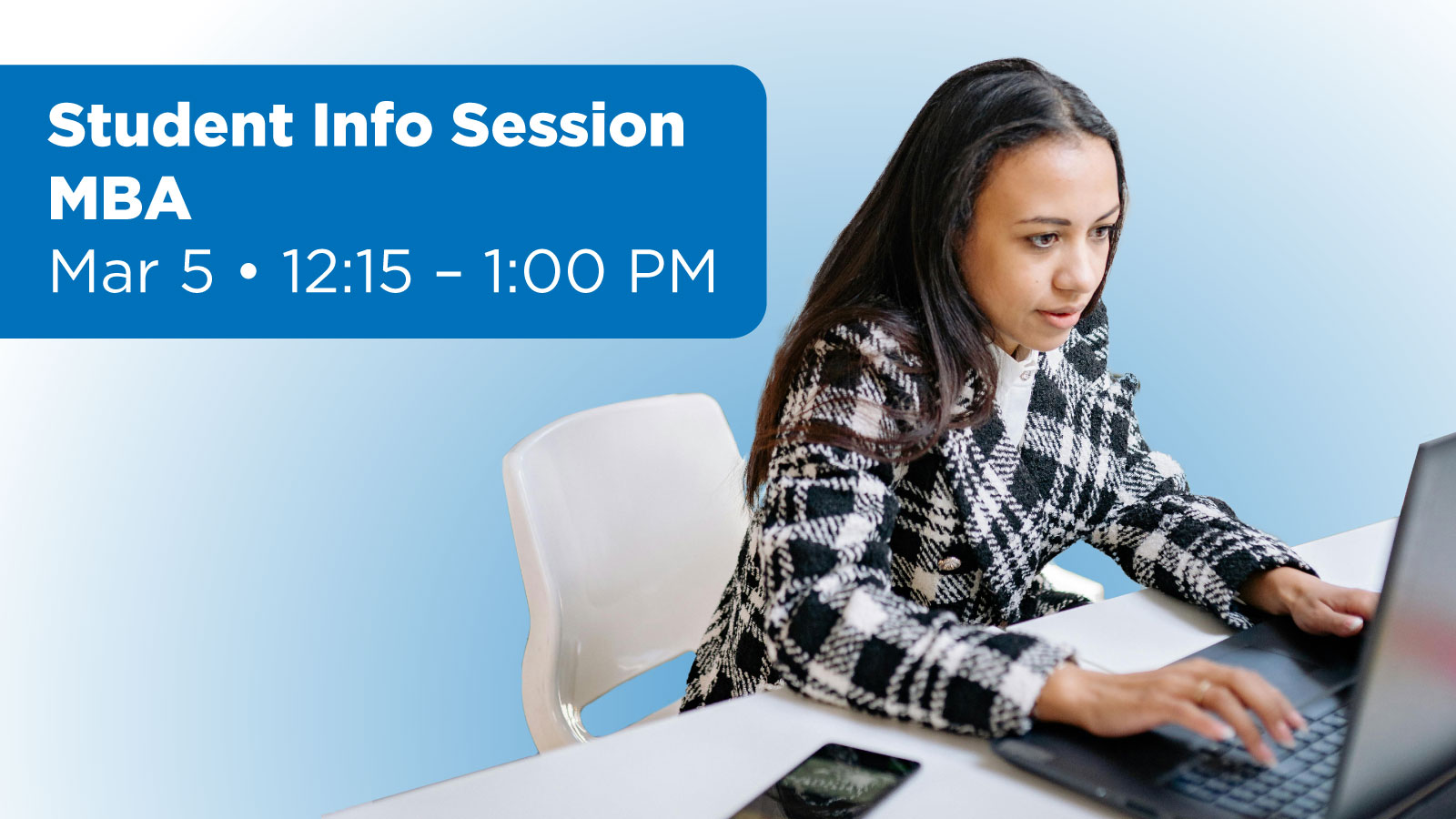 Prospective student smiling while using a laptop beside text promoting Application Office Hours on March 11 at 12:00 p.m.