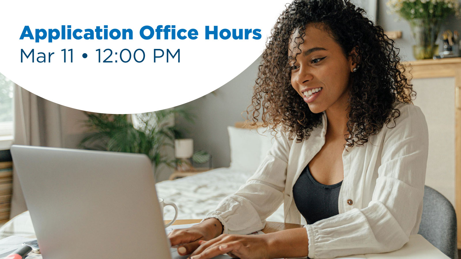 Prospective MBA student attending a virtual admissions session on a laptop in promotional graphic for Crummer Application Office Hours on March 11 at 12:00 p.m.