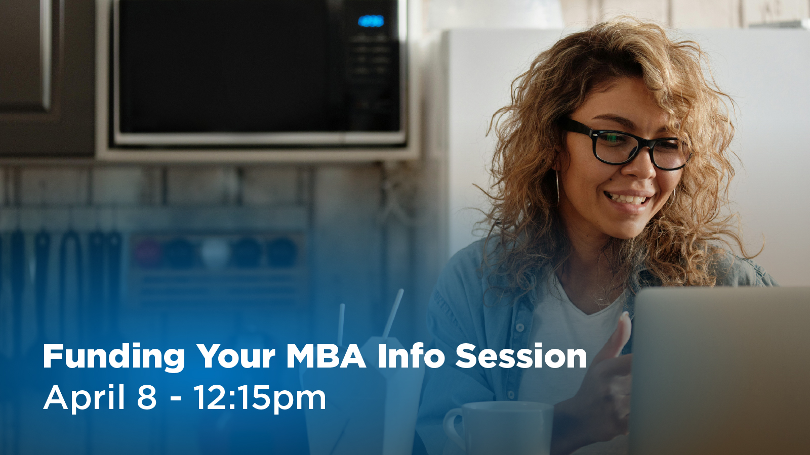 Promotional image for Crummer’s Funding Your MBA virtual info session, featuring a prospective student smiling while using a laptop.